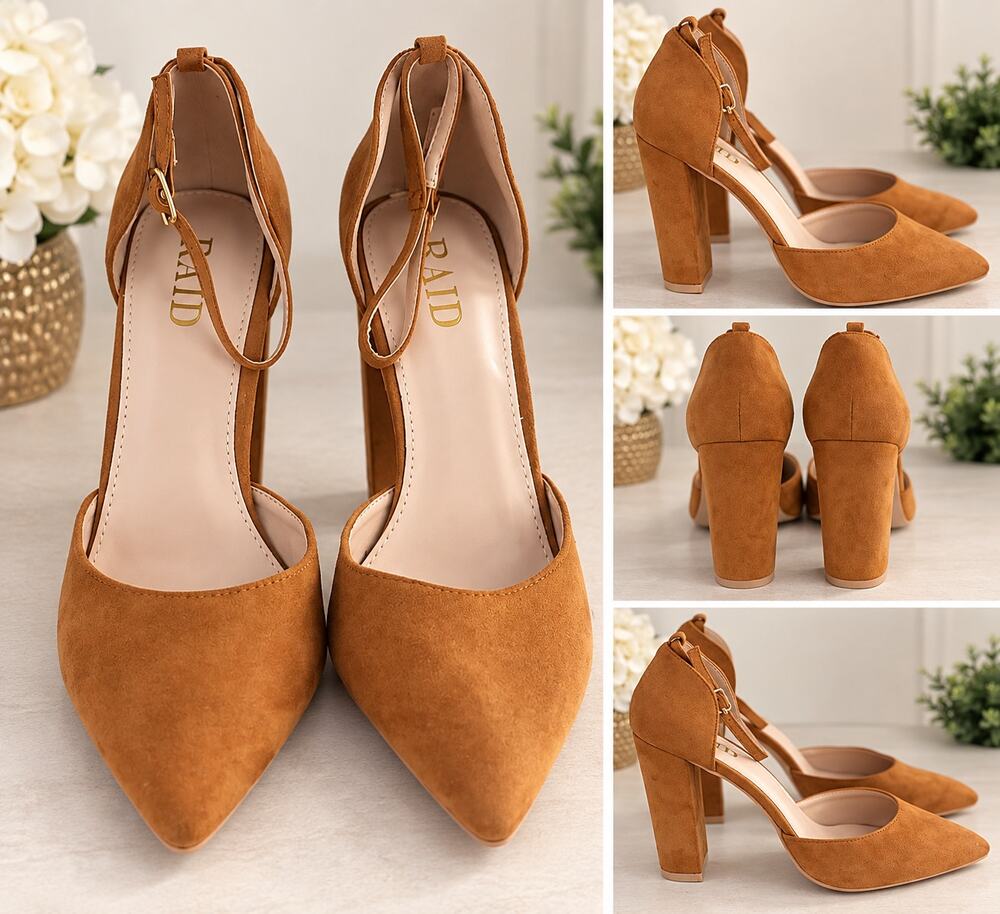 RAID Tan Cognac Suede Pointed Toe Ankle Strap Block Heel Pumps (UK4 US size 6)